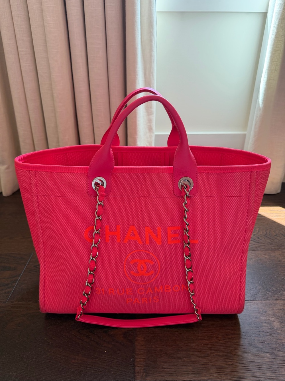 CHANEL Hot Pink Canvas Tote with Chain Detail